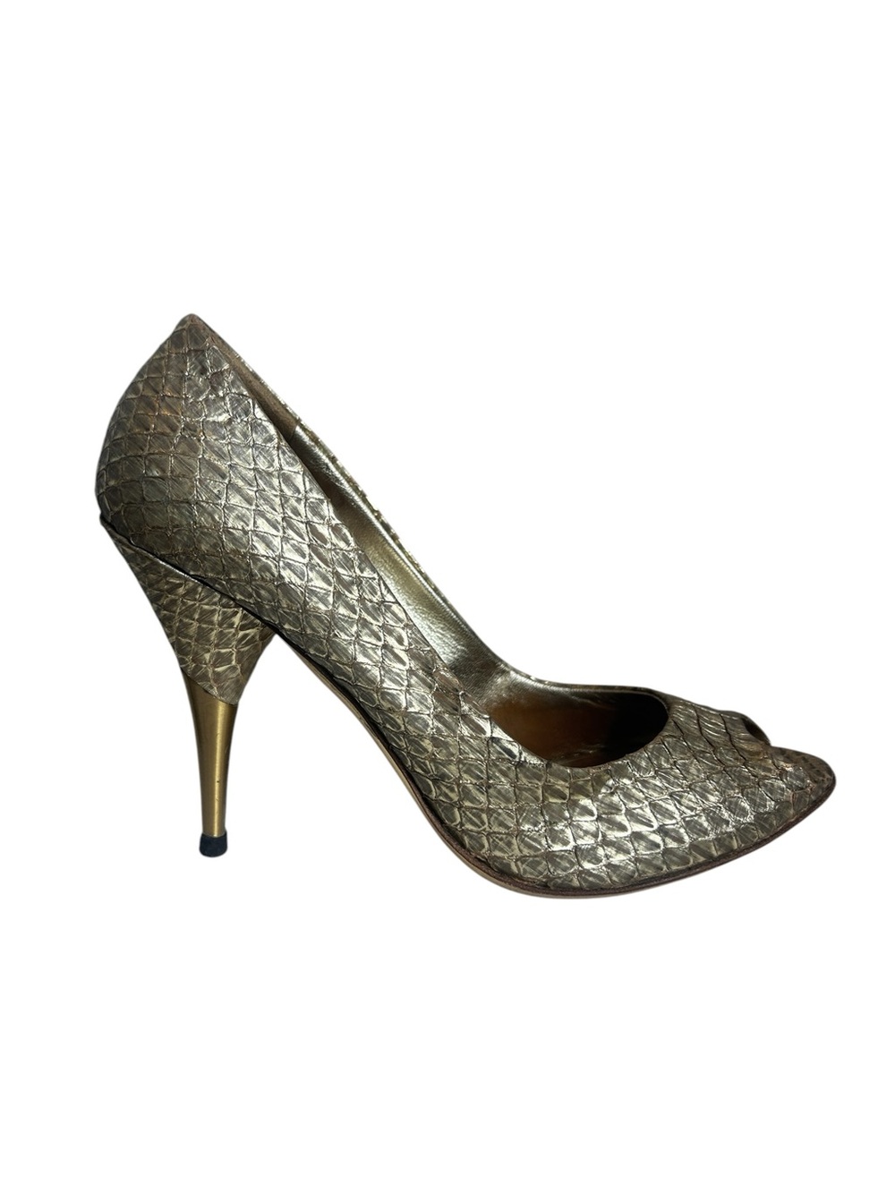 Miu Miu Metallic Gold Snake Skin Textured Peep-Toe Stiletto Pumps